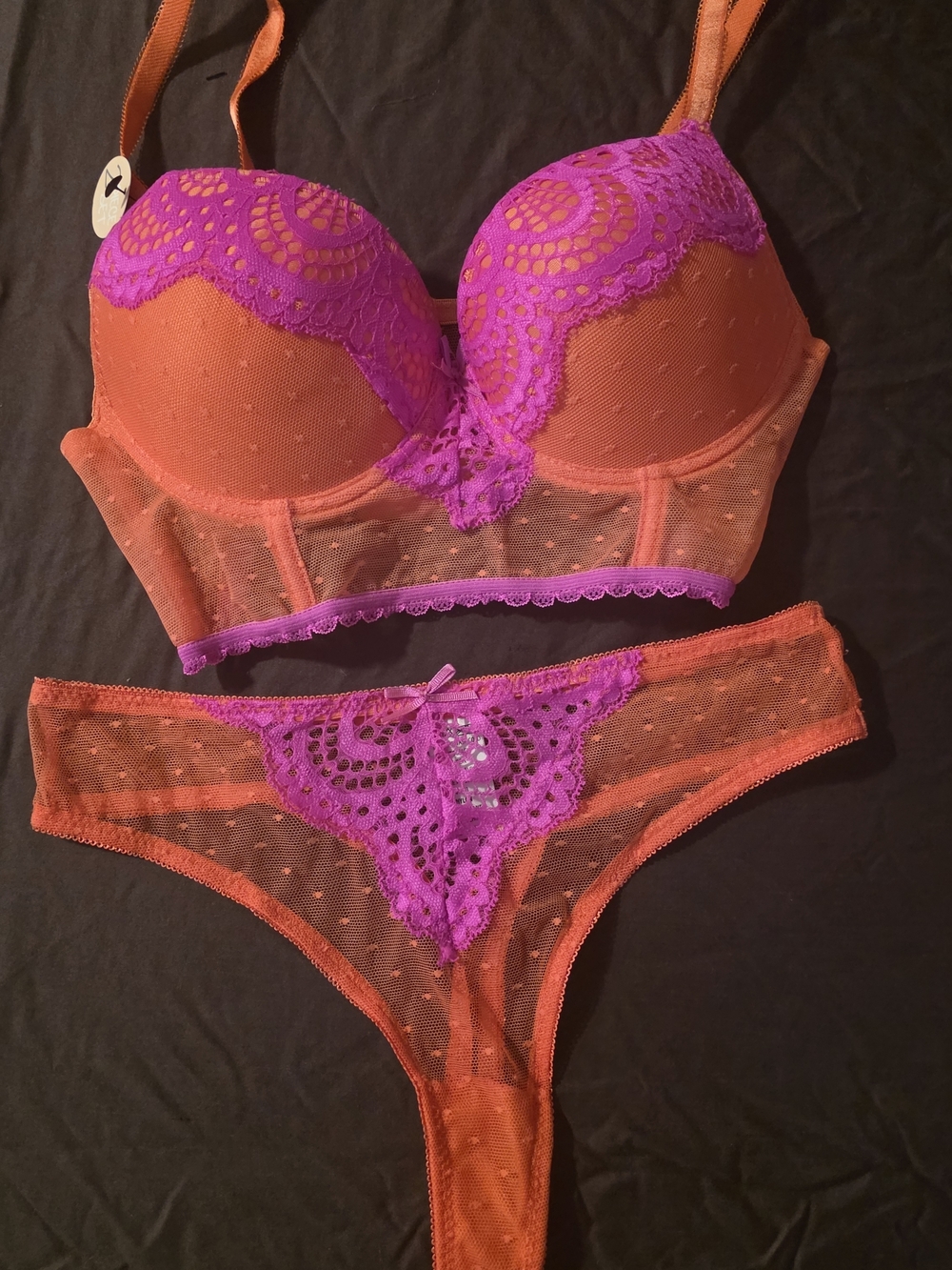 Women's Orange and Purple Lace Longline Bra & Thong Set